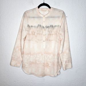 Soft Surroundings Abstract Watercolor Blouse Sz M Long Roll Tab Sleeve Shirt Top